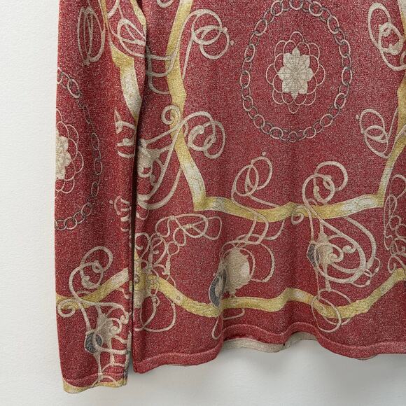 J. McLaughlin Red Gold Metallic Chain Print Button Back Sweater Womens M - Picture 2 of 8